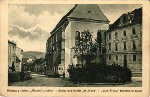 Nagyszeben, Hermannstadt, Sibiu; Biserica si Institut &quot;Maicelor Ursuline&quot; / Kirche und Kloster St. Ursula / Szent Orsolya templom és zárda, villamos / Ursuline church and nunnery, tram (ázott sarok / wet corner)