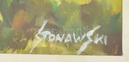 Stonawski Tamás (1970-): Dombos táj. Akvarell, papír, jelzett, üvegezett fakeretben, 23,5×16 cm