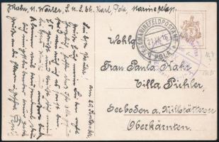 1916 Tábori posta képeslap K.u.K. MARINEFELDPOSTAMT / POLA , K.u.K. Kriegsmarine / Erzh. Karl