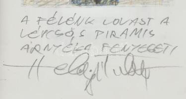 Helényi Tibor (1946-2014): A félénk lovas a lépcsős piramis árnyéka fenyegeti. Vegyes technika, papí...