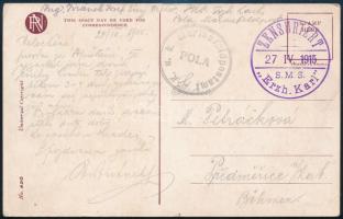 1915 Tábori posta képeslap K.u.K. Marinefeldpostamt / POLA , ZENSURIERT / S. M .S. ,,Erz. Karl