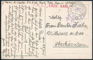 1916 Tábori posta képeslap piros / red S.M.S. ERZH. KARL , ZENSURIERT / S. M .S. ,,Erz. Karl