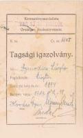 1919 Keresztényszocialista Magántisztviselők Országos Szakszervezete tagsági igazolvány Szmodics László részére, aláírásokkal, bélyegekkel, kissé viseltes állapotban