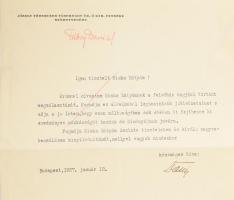 1927 Vitéz Fábry Dániel (1889-1977) őrnagy, József főherceg szárnysegédje (később altábornagy, ill. a Legfelső Honvédelmi Tanács vezértitkára) autográf aláírással ellátott, gépelt gratuláló levele Pekár Mihály (1871-1942) részére, felsőházi taggá választása alkalmából