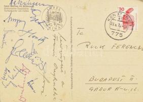 1972 A Fradi (FTC) Öregfiúk labdarúgócsapat tagjai által aláírt képeslap, Németországból Rudas Ferencnek (szül. Ruck) hazaküldve