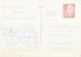cc 1970 A magyar vízilabda válogatott tagjainak aláírása Barcelonából hazaküldött képeslapon Horkai, Faragó Tono, Barnafi, Csapó, stb olimpia és világbajnokokkal /  cc 1970 Signature of members of the Hungarian water polo team on a postcard sent home from Barcelona with Olympic and world champions Horkai, Tono Faragó, Barnafi, Csapó, etc.