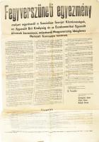 1945 Fegyverszüneti egyezmény, melyet egyrészről a Szocialista Szovjet Köztársaságok, az Egyesült Brit Királyság és az Északamerikai Egyesült Államok Kormányai, másrészről Magyarország Ideiglenes Nemzeti Kormánya kötöttek. Moszkva, 1945. január 20. Nagyméretű hirdetmény. Hajtva, jó állapotban, 73x65 cm