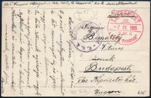 1915 Tábori posta képeslap K.u.K. Marinefeldpostamt / POLA , piros / red ZENSURIERT / S.M.S. Erzh. Friedrich Budapestre küldve