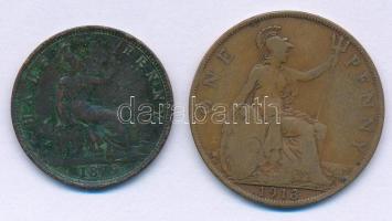 Nagy-Britannia 1879. 1/2p bronz "Viktória" + 1913. 1p bronz "V. György" T:F pati...