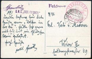 1915 Tábori posta képeslap K.u.K. MARINAFELDPOSTAMT / POLA , piros / red ZENSURIERT / S.M.S. Erzh. Friedrich