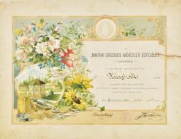 1903 Magyar Országos Méhészeti Egyesület nagy méretű litografált tagsági oklevél kartonon egy beszakadással 63x48 cm