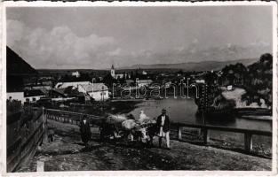 Maroshévíz, Oláhtoplica, Toplicza, Toplita; látkép, ökrös szekér, erdélyi folklór / general view, ox cart, Transylvanian folklore