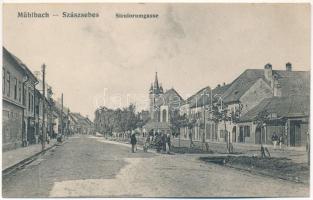 Szászsebes, Mühlbach, Sebesul Sasesc, Sebes; Siculorumgasse / Székely utca, Rilki üzlete. A. Gross kiadása / street view, shops (EK)