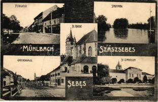 1912 Szászsebes, Mühlbach, Sebesul Sasesc, Sebes; Petrigasse, Apotheke, Stadtpark, Ev. Kirche, Griechengasse, Ev. Gymnasium / Petri utca, gyógyszertár, park, Evangélikus templom és gimnázium, Görög utca, Josef Glaser üzlete. J. Hientz kiadása / street view, pharmacy, park, Lutheran church and grammar school, shops (fa)