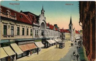 1917 Nagyvárad, Oradea; Rákóczi út, Barabás és Társa, Klein Géza és Ödön, Ujhelyi Róza üzlete, villamos. Vasúti levelezőlapárusítás 31. sz. 1916. / street view, shops, tram (EB)