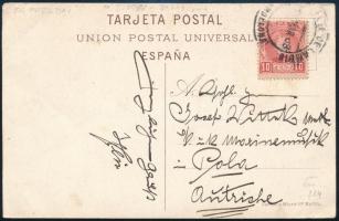 1908 Képeslap spanyol 10 cent bérmentesítéssel Josef Witweknek, Musikmeisternek címezve Polában BARCELONA