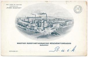 Magyar Ruggyantaárugyár Részvénytársaság (később Taurus Gumiipari Vállalat) reklámja, gőzmozdony, vonat, villamos. Budapest VIII. Kerepesi út 17. / Hungarian rubber factory advertisement card, locomotive, train, tram (szakadások / tears)