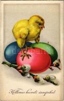 Kellemes húsvéti ünnepeket! Kiscsibe tojásokon / Easter greeting, chicken on eggs. Z.D.B. 7629. litho