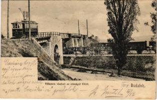 1904 Budapest XXII. Budafok, villamos viadukt az országút felett, vasút, tehervonat (fl)