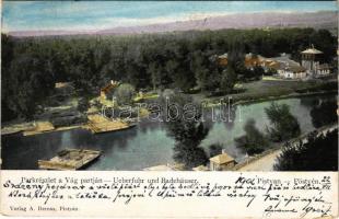 1901 Pöstyén, Piestany; Park részlet a Vág partján, komp. A. Bernas kiadása / Váh riverside, park, ferry (EK)