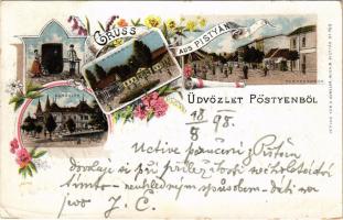 1898 (Vorläufer) Pöstyén, Pistyán, Piestany; Cursalon, Herrengasse, Infanterist / Úri utca, fürdők, fürdőkocsis / street, spa, carriage. A. Künzler Art Nouveau, floral, litho (EK)