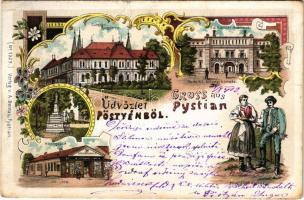 1902 Pöstyén, Pystian, Piestany; Gyógyterem, Cs. és kir. katonai kórház, Úri utca, népviselet, szobor, A. Bernas üzlete és saját kiadása / spa, K.u.K. military hospital, street, statue, folklore, shop. Art Nouveau, floral, litho (EK)