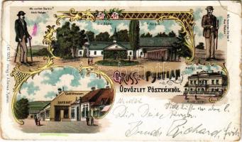 1898 (Vorläufer) Pöstyén, Pystian, Piestany; Die Bäder, Königs Villa, Café Strasser, Wo wollen Sie hin? Nach Pöstyén! Wo kommen Sie her? Aus Pöstyén! / A fürdők, Király villa, Strasser kávéház / spa, baths, café, villa. Verlag v. A. Bernas No. 1328. Art Nouveau, floral, litho (fa)