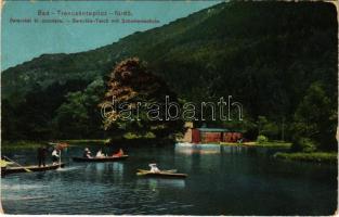 Trencsénteplic, Trencianske Teplice; Baracskai tó uszodával, csónakázók. Wertheim Zsigmond kiadása / Baracska-Teich mit Schwimmschule / spa, lake, swimming pool, rowing boats (EB)