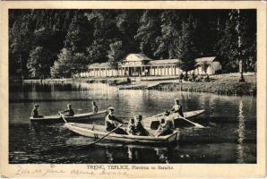 1930 Trencsénteplic, Trencianske Teplice; Baracskai tó uszodával, csónakázók / Baracska-Teich mit Schwimmschule / Plavárna na Baracke, Rybník Baracka / spa, lake, swimming pool, rowing boats (EK)