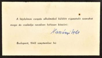 1943 Harsányi Zsolt (1887-1943) író, újságíró, műfordító, színigazgató aláírása egy részvétnyilvánító kártyán, 1943. szeptember hó. (Nem sokkal a halála előtt.)
