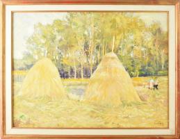 Ördögh László (1923-2007): Szénakazlak. Olaj, vászon. Jelzett. Hátoldalán autográf felirattal valamint Képcsarnok Vállalat címkéivel. 60x80 cm. Dekoratív, kissé kopott fakeretben.