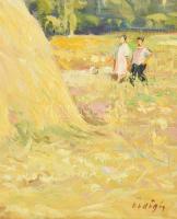 Ördögh László (1923-2007): Szénakazlak. Olaj, vászon. Jelzett. Hátoldalán autográf felirattal valami...