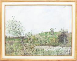 Sugár Gyula (1924-1991): Táj. Olaj, farost, jelezve középen lent. Hátoldalán Képcsarnok Vállalat kissé töredékes címkéivel. 60x80 cm. Dekoratív, üvegezett, kissé kopott fakeretben.