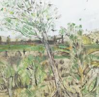 Sugár Gyula (1924-1991): Táj. Olaj, farost, jelezve középen lent. Hátoldalán Képcsarnok Vállalat kis...