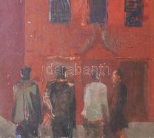 Somogyi János (angyalföldi) (1928-2010): Városnézők, 1965. Olaj, farost, jelzett. Hátoldalán autográ...