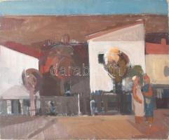 Kalló László (1925-2018): Táj (beszélgetők). Olaj, farost, jelezve jobbra lent. Hátoldalán autográf felirattal valamint Művészeti Alap és Képcsarnok Vállalat címkéjével. 50x60 cm