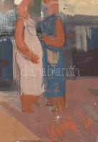 Kalló László (1925-2018): Táj (beszélgetők). Olaj, farost, jelezve jobbra lent. Hátoldalán autográf ...