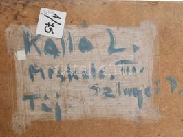 Kalló László (1925-2018): Táj (beszélgetők). Olaj, farost, jelezve jobbra lent. Hátoldalán autográf ...