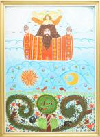 Gombkötőné Tóth Ilona (1933-): Világ teremtése, 2004. Olaj, farost, jelezve jobbra lent, hátoldalán a művész címkéjén feliratozott, dekoratív fakeretben. 70×50 cm