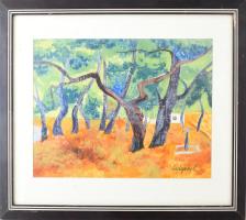 Cságoly Erzsébet (1929-1992): Lombok alatt, 1990. Gouache, papír, jelezve jobbra lent, hátoldalán Képcsarnok Vállalat címkéjével. Üvegezett fakeretben. 34×48 cm