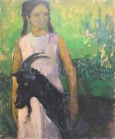 Dobi Piroska (1929-): Lány kecskével. Olaj, rétegelt falemez. Hátoldalán jelzett valamint Képcsarnok Vállalat és Művészeti Alap címkéjével. Sérült. 85x70 cm