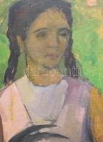 Dobi Piroska (1929-): Lány kecskével. Olaj, rétegelt falemez. Hátoldalán jelzett valamint Képcsarnok...