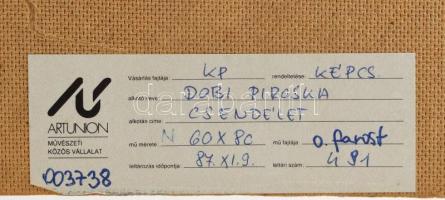 Dobi Piroska (1929-): Csendélet mérleggel. Olaj, farost. Jelezve jobbra lent. Hátoldalán Képcsarnok ...