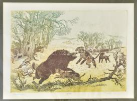 Tuka László (1924-2007): Vaddisznó. Színes rézkarc, papír, jelzett, számozott (44/100). Paszpartuban. 29,5x39,5 cm