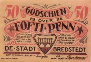 Német Birodalom / Weimari Köztársaság / Bredstedt 1922. 50Pf + 75Pf + 1M 3 klf db, teljes sor T:I