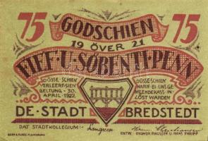 Német Birodalom / Weimari Köztársaság / Bredstedt 1922. 50Pf + 75Pf + 1M 3 klf db, teljes sor T:I