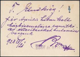 cca 1920 Busy és Weiszbrod műszerész, lakatos és hegesztő vállalat litho reklám kártya 11x8 cm