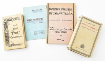 4 db vallási témájú könyv: Liziői Szent Teréz önéletrajza. Keszthely, 1943, Sarutlan Kármelita Zárda. Kiadói papírkötés, kissé kopottas borítóval, helyenként kissé foltos lapokkal, részben laza fűzéssel. + Nánássy László Dezső - Pataki Károly: Konnersreuthi Neumann Teréz az orvostudomány és a bölcselet világánál. Sopron, 1932, Lourdes folyóirat (Vitéz Tóth Alajos-ny.) Kiadói papírkötés, a gerincnél sérült borítóval, helyenként kissé foltos lapokkal. + Dr. Dombi Márk: Szent Gertrúd. Az isteni szeretet követe. Bp., 1939, Szent István-Társulat. Kiadói papírkötés, kissé sérült borítóval, sérült fűzéssel, helyenként foltos lapokkal. + Balogh Albin: Szent Quirinus vértanu püspök. Rákospalota, 1935, Szalézi Művek. Kiadói papírkötés.