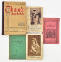 5 db vallási témájú könyv: P. Tissot József: Hibáink jórafordításának művészete. Ford.: Uhl Antal. Bp., 1931, Korda Rt. Kiadói papírkötés, kissé foltos borítóval, helyenként kissé foltos lapokkal. + Jézus szent gyermeksége művének évkönyve. Magyarországi kiadás. Esztergom, 1910, Szent Gyermekség Műve. Kiadói tűzött papírkötés, sérült borítóval. + P. Ernő: Elmélkedések a Boldogságos Szűz Máriáról. Keszthely, 1936, Magyar Kármelita Rendtartomány. Kiadói papírkötés, kissé sérült, foltos borítóval. + P. Csávossy Elemér: Egy sír a Duna fölött. Bp., 1939, Korda Rt. Kiadói papírkötés, kissé sérült, foltos, a fűzéstől részben elváló borítóval. + Zakar András: Tihamér püspök élete ahogyan kortársai látták. Bp., 1941, Kir. M. Egyetemi Nyomda. Kiadói félvászon-kötés, kissé foltos borítóval.
