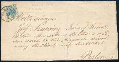 ~1855 9kr MP III festékhiányos nyomat vízszintes hajtással levélen VARANNO - Pest